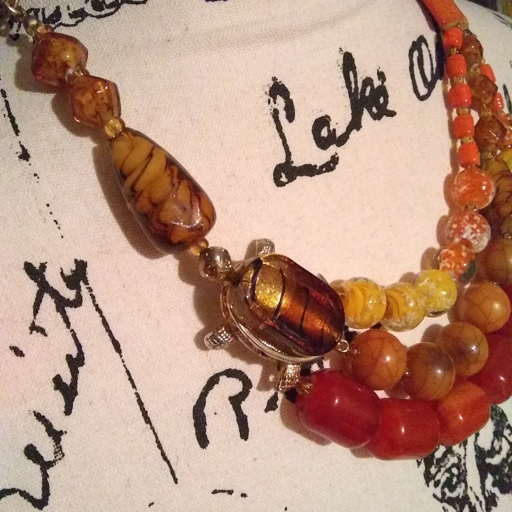 Chicos Fused Glass Bead Artsy Turtle Necklace Fall
